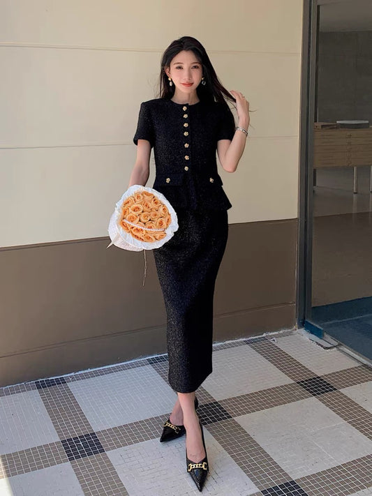 2024 Early Autumn New Arrival Madeleine Black Shiny Silk Fake Two-piece Dress Hepburn Style Slim Long Skirt