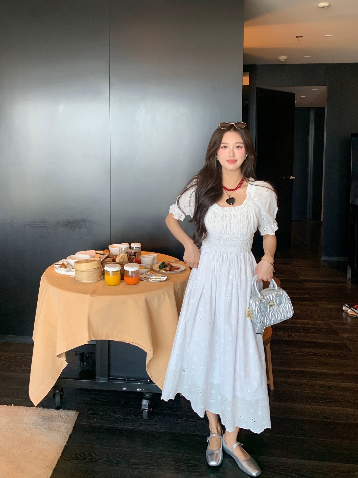Summer Home Heavy Embroidery Hollow Sweet French Puff Sleeve Short Sleeve Dress Women's Summer White Long Skirt