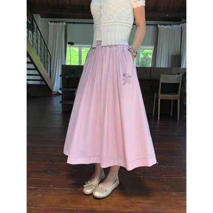 Pusumede French garden embroidered skirt women's high waist loose A-line umbrella skirt temperament medium long skirt