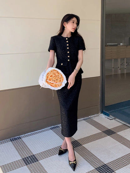 2024 Early Autumn New Arrival Madeleine Black Shiny Silk Fake Two-piece Dress Hepburn Style Slim Long Skirt