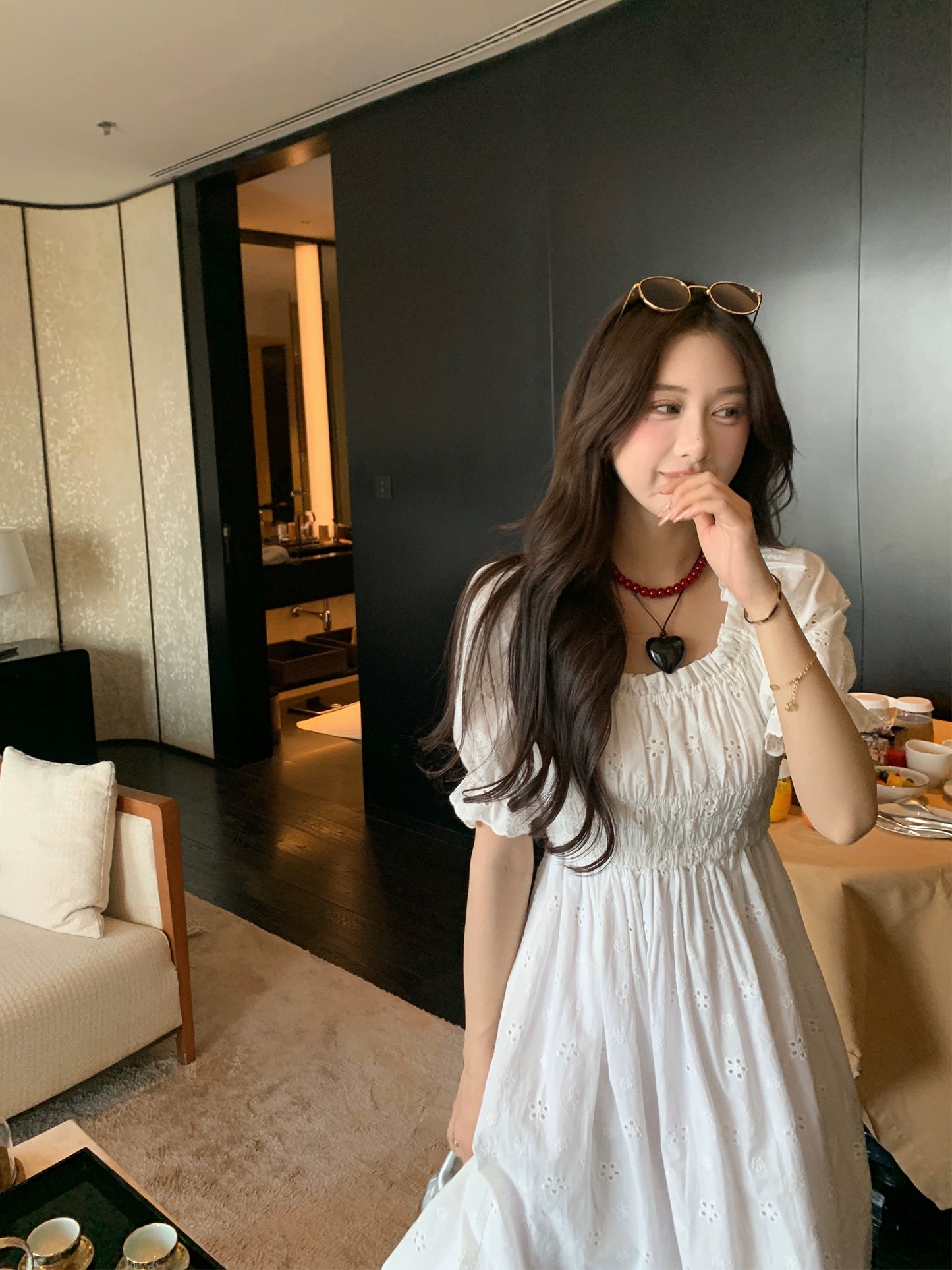 Summer Home Heavy Embroidery Hollow Sweet French Puff Sleeve Short Sleeve Dress Women's Summer White Long Skirt