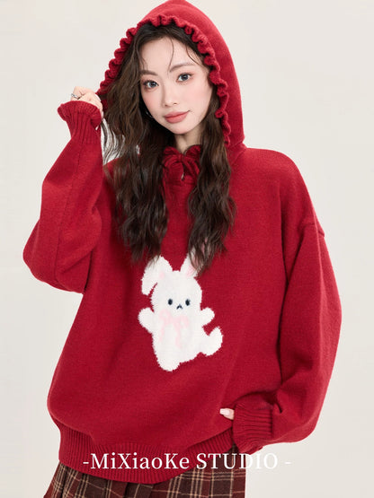 Mi Xiaoke's Christmas outfit: Red sweater, women's autumn and winter hooded sweatshirt, petite design knit top