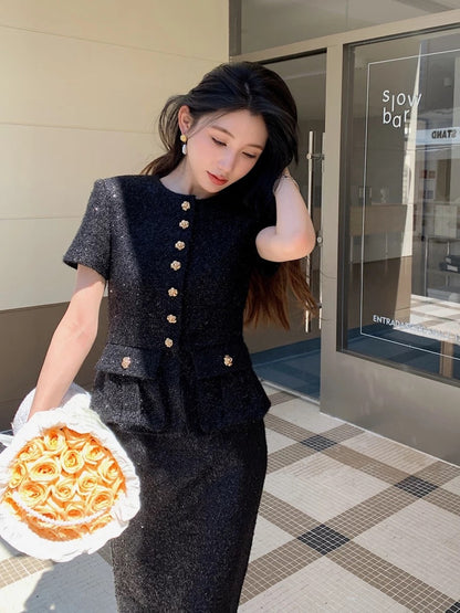2024 Early Autumn New Arrival Madeleine Black Shiny Silk Fake Two-piece Dress Hepburn Style Slim Long Skirt