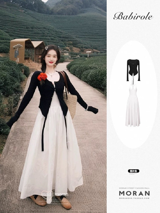 French high-end white suspender dress for women spring and summer 2025 new Korean temperament outfit suit long skirt