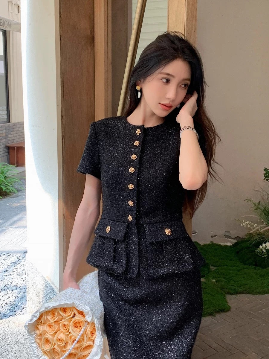 2024 Early Autumn New Arrival Madeleine Black Shiny Silk Fake Two-piece Dress Hepburn Style Slim Long Skirt