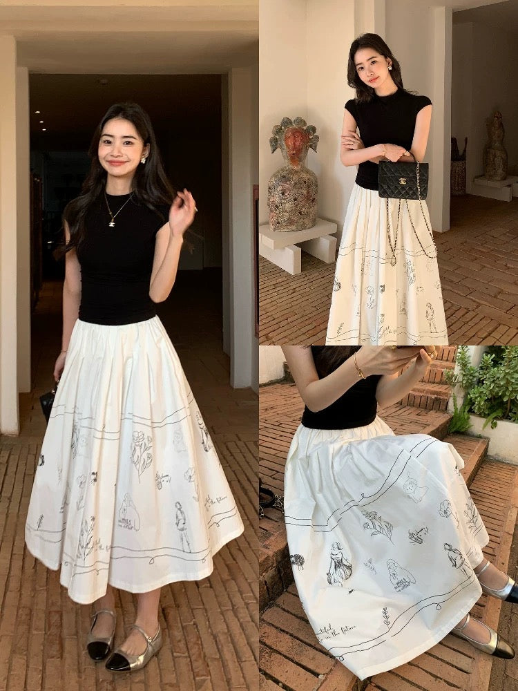 pusumede fun graffiti white skirt women's loose hip-covering large skirt a-line umbrella skirt niche skirt