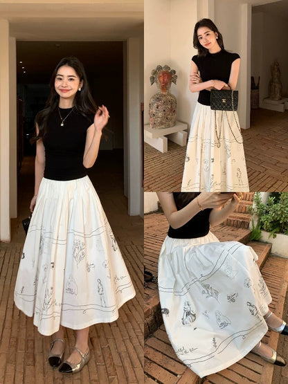 pusumede fun graffiti white skirt women's loose hip-covering large skirt a-line umbrella skirt niche skirt