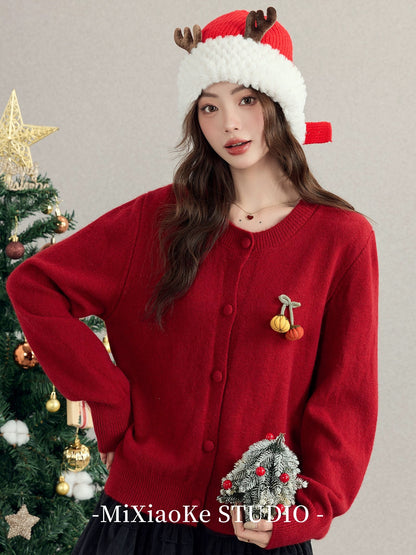 Mi Xiaoke's sweet and preppy knitted cardigan for women, autumn and winter, red, Christmas-themed cute sweater coat.