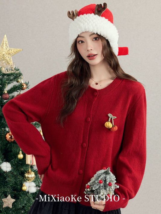 Mi Xiaoke's sweet and preppy knitted cardigan for women, autumn and winter, red, Christmas-themed cute sweater coat.