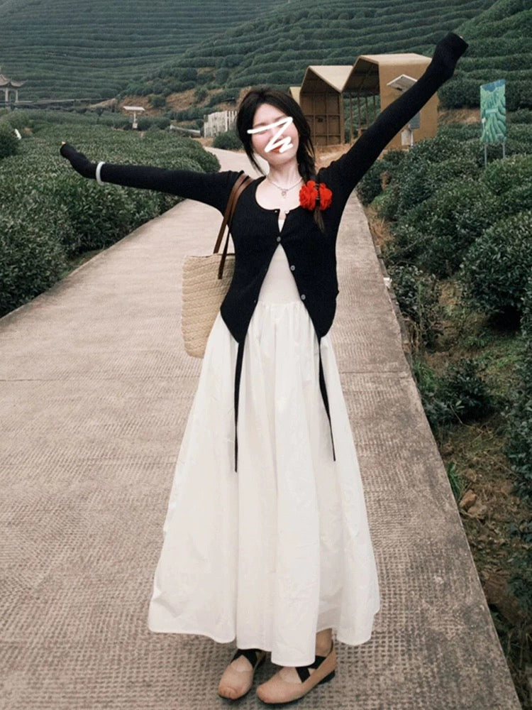 French high-end white suspender dress for women spring and summer 2025 new Korean temperament outfit suit long skirt