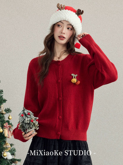 Mi Xiaoke's sweet and preppy knitted cardigan for women, autumn and winter, red, Christmas-themed cute sweater coat.