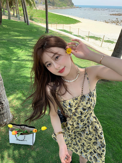 Summer Home 2024 Summer French Floral Vest Suspender High-end Jacquard Dress Short Skirt for Small Women