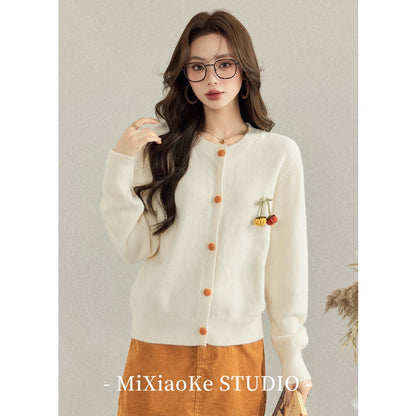 Mi Xiaoke's sweet and preppy knitted cardigan for women, autumn and winter, red, Christmas-themed cute sweater coat.