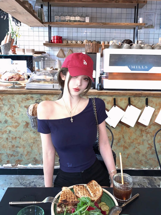 JMSHOP Yuanqi Hot Girl Off-shoulder short-sleeved top women's design summer solid color off-shoulder clavicle embroidered T-shirt