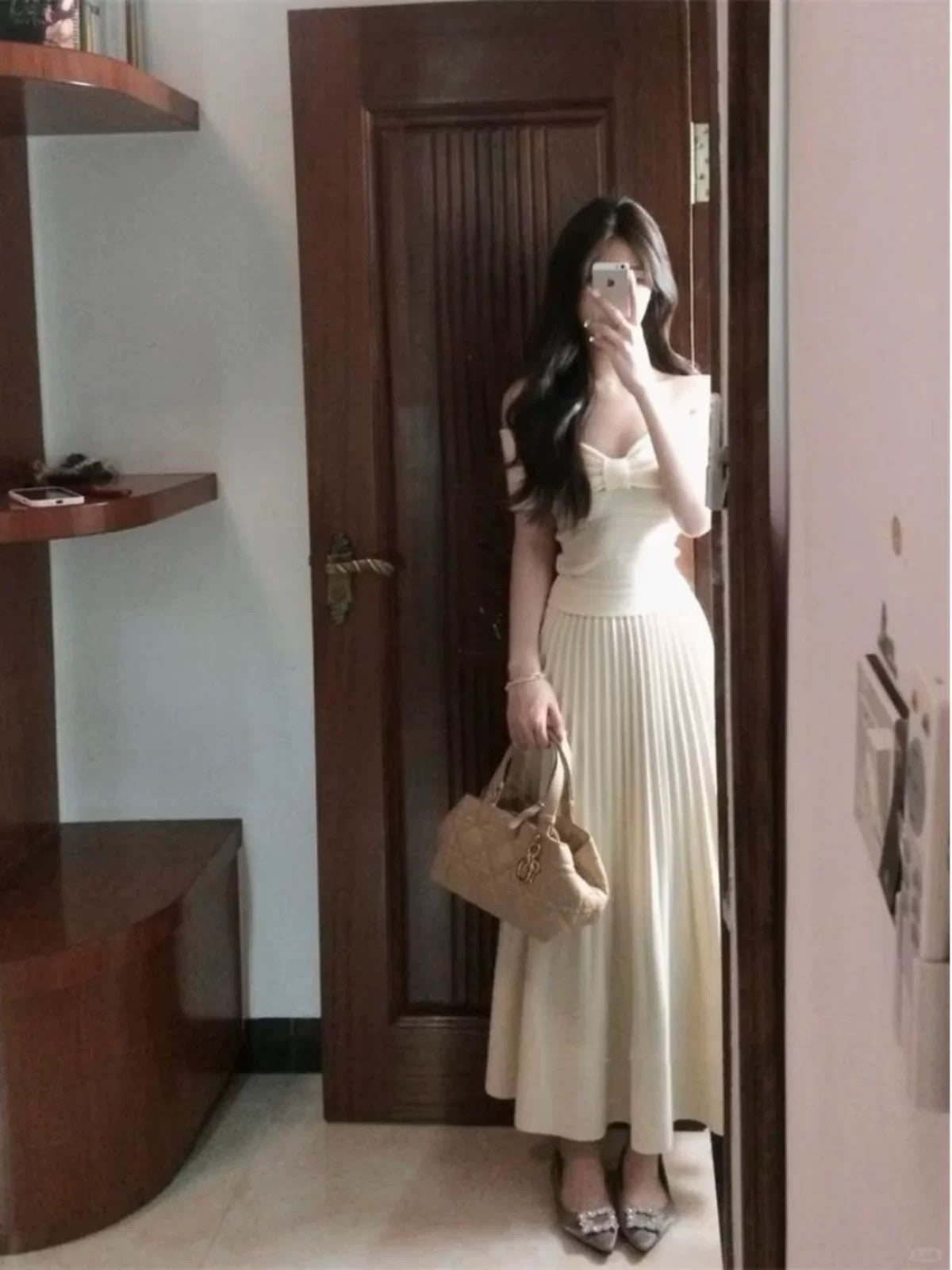 French pure desire style outfit white fashion suit women spring and summer knot one shoulder knitted top high waist skirt