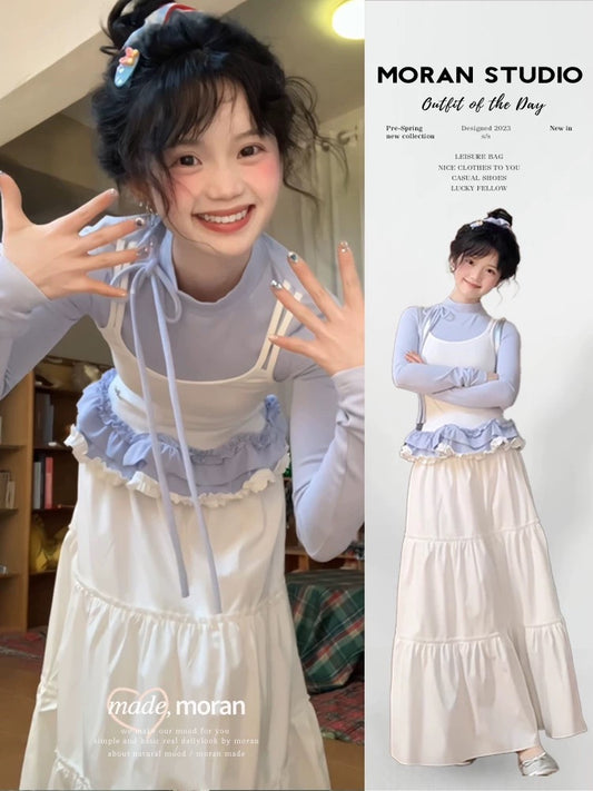 Spring outfit 2025 milky sweet design niche fake two-piece top skirt small size a complete set