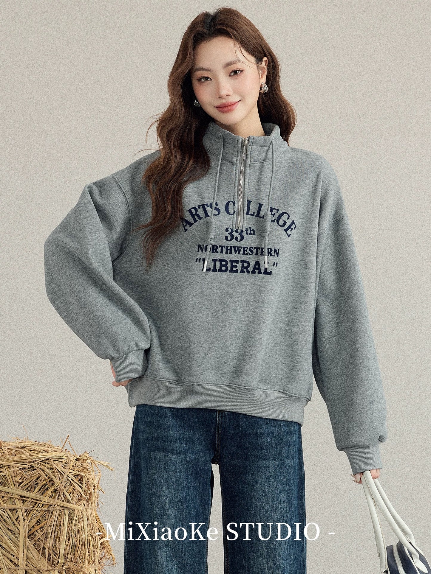Mi Xiaoke Casual Loose Korean Style Half-Zip Fleece Sweatshirt Women's New 2025 Hot Item Fashionable and Stylish Top