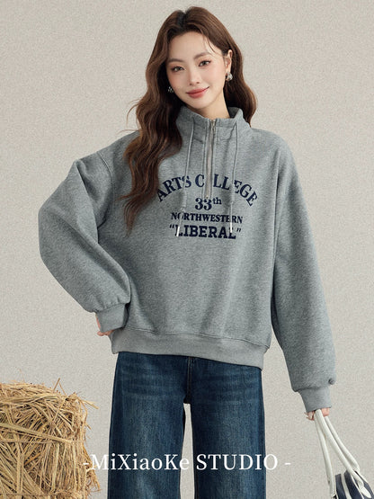 Mi Xiaoke Casual Loose Korean Style Half-Zip Fleece Sweatshirt Women's New 2025 Hot Item Fashionable and Stylish Top