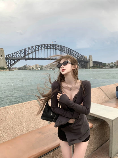 JMSHOP Oracle Trap Irregular Hem Cardigan Women's Design Slim Long Sleeve Top T-shirt Spring Sun Protection