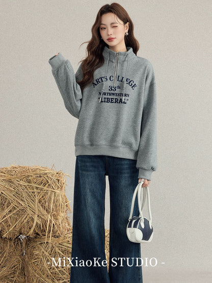 Mi Xiaoke Casual Loose Korean Style Half-Zip Fleece Sweatshirt Women's New 2025 Hot Item Fashionable and Stylish Top