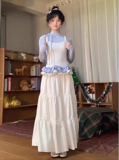 Spring outfit 2025 milky sweet design niche fake two-piece top skirt small size a complete set