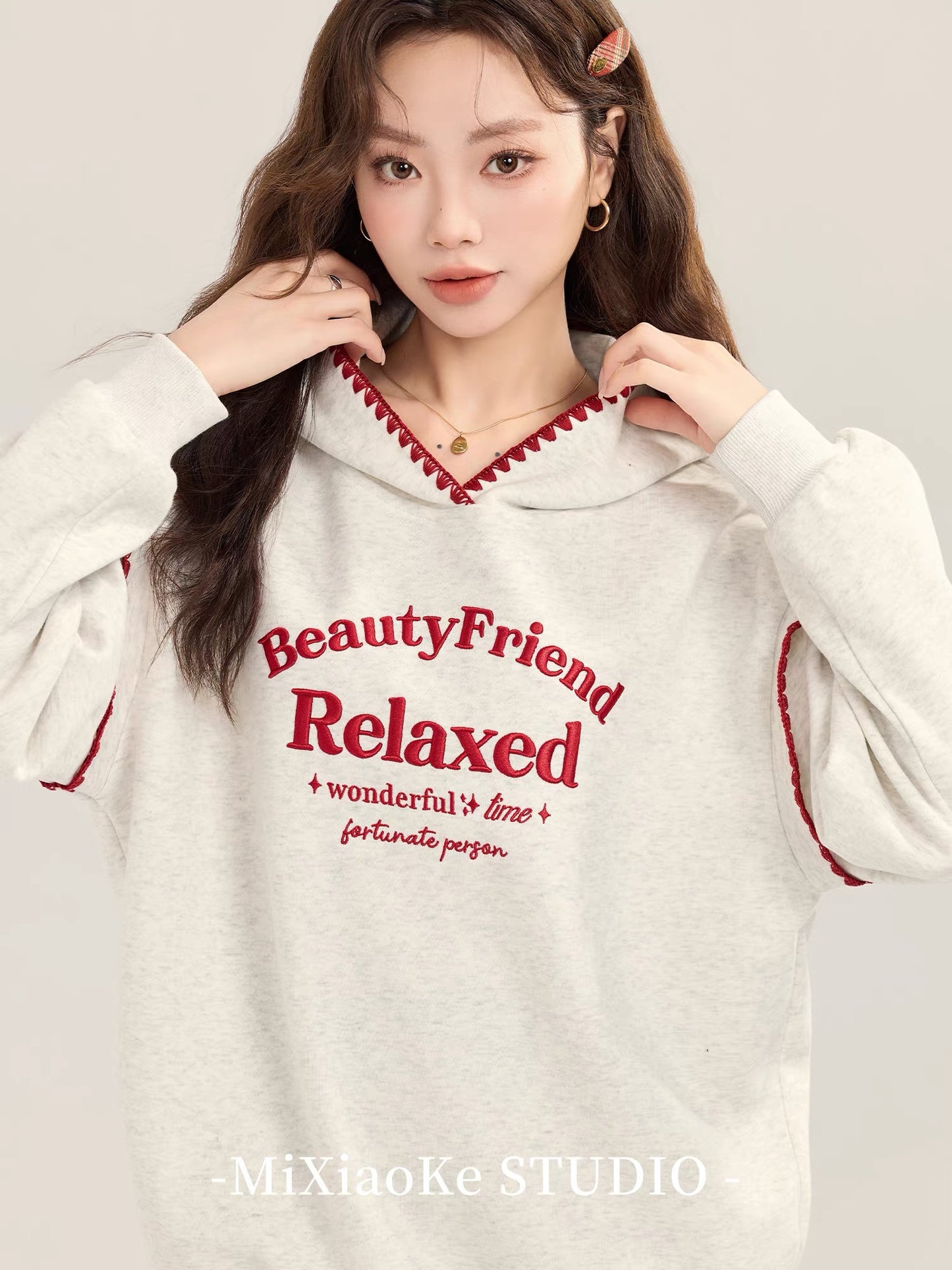 Mi Xiaoke American Retro Gray Embroidered Hooded Sweatshirt Jacket Women's Autumn and Winter Lazy Style Loose Pullover Top