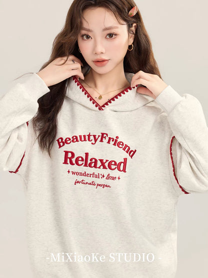 Mi Xiaoke American Retro Gray Embroidered Hooded Sweatshirt Jacket Women's Autumn and Winter Lazy Style Loose Pullover Top