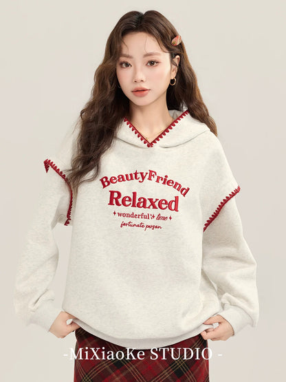 Mi Xiaoke American Retro Gray Embroidered Hooded Sweatshirt Jacket Women's Autumn and Winter Lazy Style Loose Pullover Top