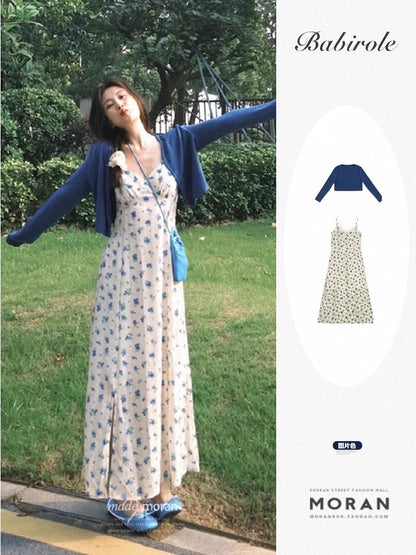 Blue floral suspender dress for women 2025 new summer seaside holiday style long dress outfit a complete set