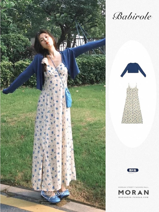 Blue floral suspender dress for women 2025 new summer seaside holiday style long dress outfit a complete set