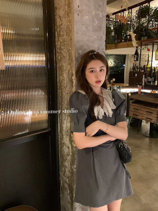 Xiajia rhinestone doll collar French temperament suit skirt gray short-sleeved waist dress women's summer short skirt