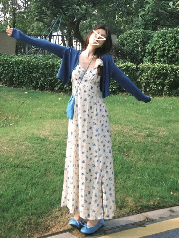 Blue floral suspender dress for women 2025 new summer seaside holiday style long dress outfit a complete set
