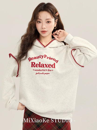 Mi Xiaoke American Retro Gray Embroidered Hooded Sweatshirt Jacket Women's Autumn and Winter Lazy Style Loose Pullover Top