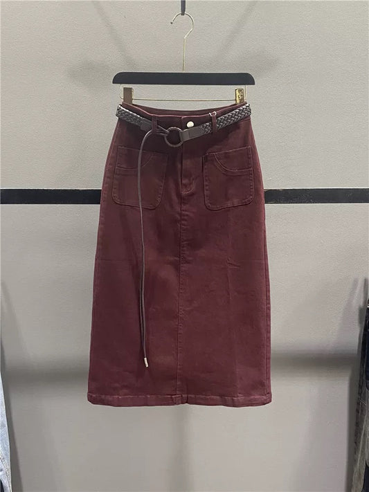 Retro red casual skirt for women 2025 autumn new style high waist slim mid-length slit hip straight skirt