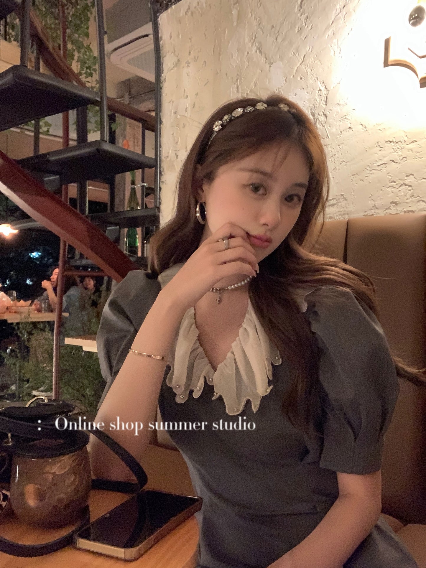 Xiajia rhinestone doll collar French temperament suit skirt gray short-sleeved waist dress women's summer short skirt