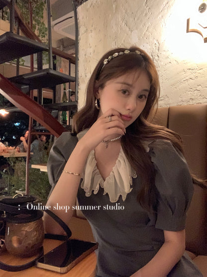 Xiajia rhinestone doll collar French temperament suit skirt gray short-sleeved waist dress women's summer short skirt