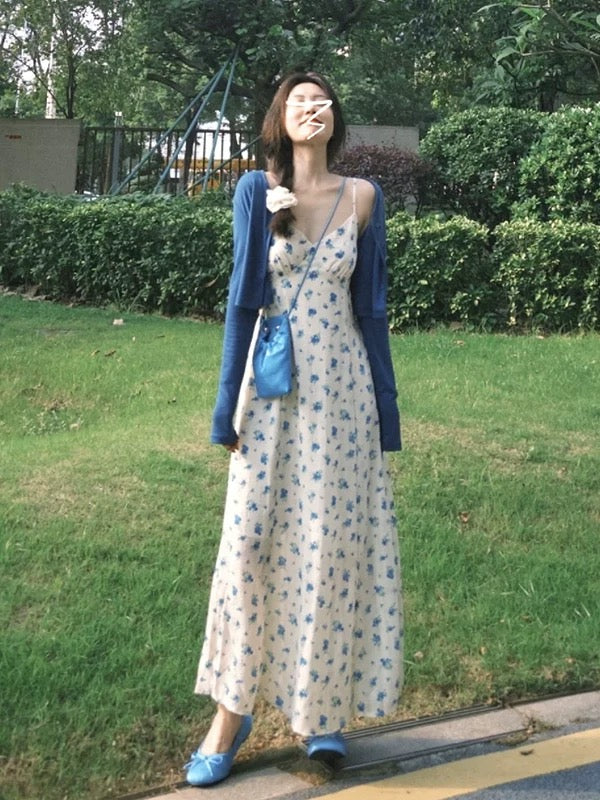 Blue floral suspender dress for women 2025 new summer seaside holiday style long dress outfit a complete set