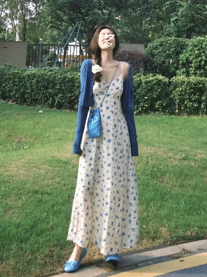 Blue floral suspender dress for women 2025 new summer seaside holiday style long dress outfit a complete set