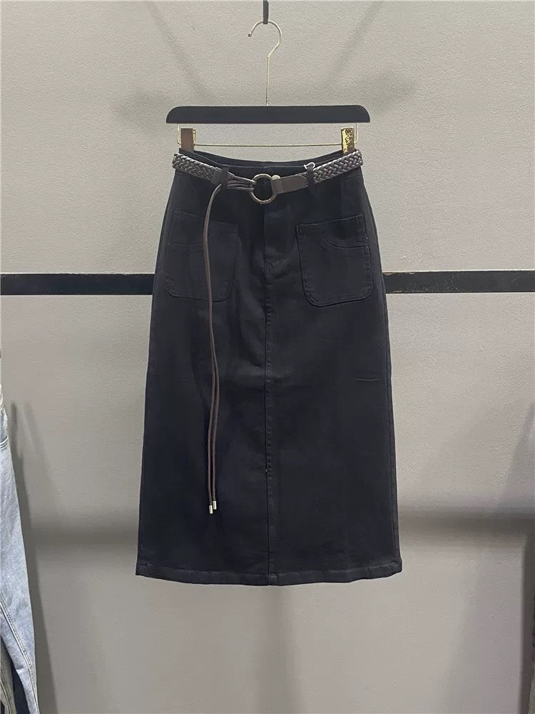 Retro red casual skirt for women 2025 autumn new style high waist slim mid-length slit hip straight skirt