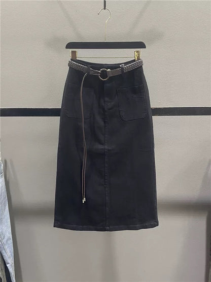 Retro red casual skirt for women 2025 autumn new style high waist slim mid-length slit hip straight skirt