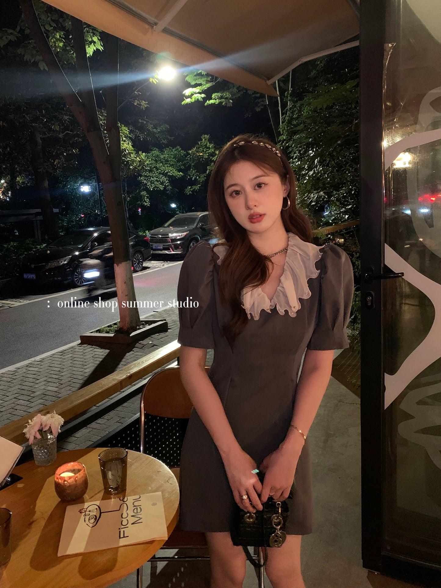 Xiajia rhinestone doll collar French temperament suit skirt gray short-sleeved waist dress women's summer short skirt