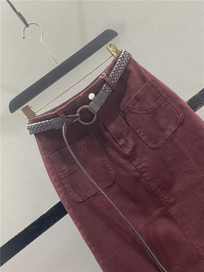 Retro red casual skirt for women 2025 autumn new style high waist slim mid-length slit hip straight skirt