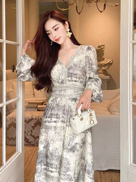 Miss Dong's high-end customized Tencel ink painting dress women's 2024 new autumn clothing light luxury high-end skirt