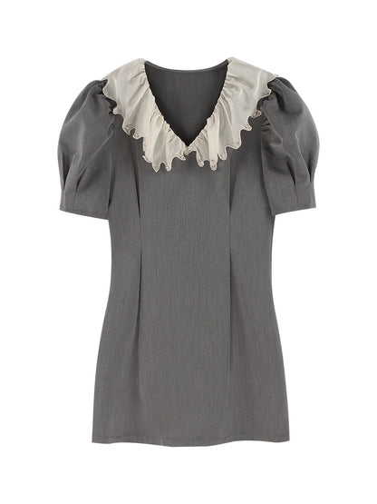 Xiajia rhinestone doll collar French temperament suit skirt gray short-sleeved waist dress women's summer short skirt