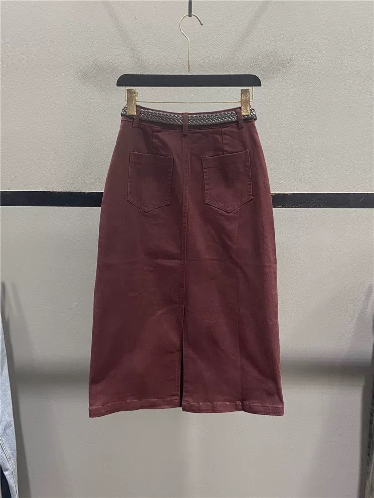 Retro red casual skirt for women 2025 autumn new style high waist slim mid-length slit hip straight skirt