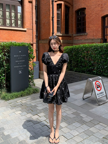 Summer home small bow embroidery French style V-neck waist slimming little black skirt puff sleeve dress for women