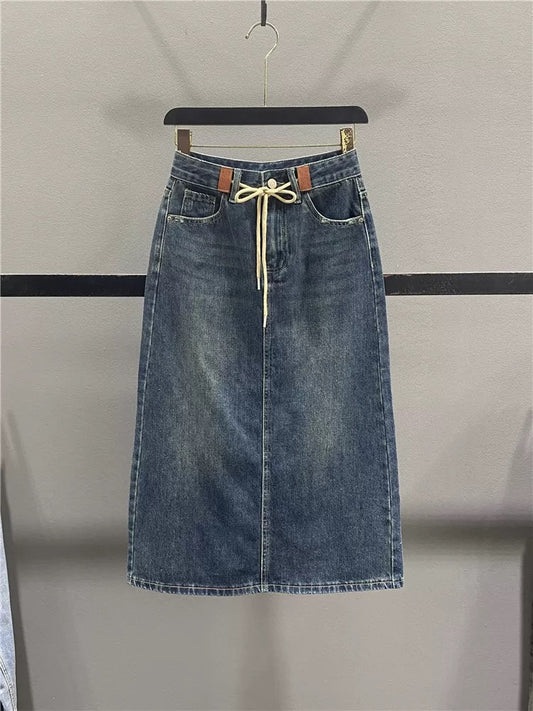 Retro high waist drawstring denim skirt for women 2025 autumn new slim mid-length slit hip straight skirt