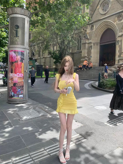 JMSHOP Havana Love Letter ruffle dress women's design spring and summer slim short suspender skirt
