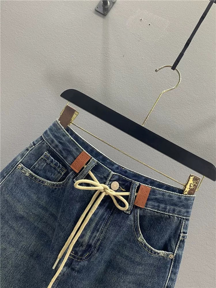 Retro high waist drawstring denim skirt for women 2025 autumn new slim mid-length slit hip straight skirt