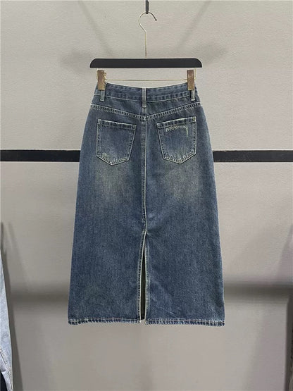 Retro high waist drawstring denim skirt for women 2025 autumn new slim mid-length slit hip straight skirt